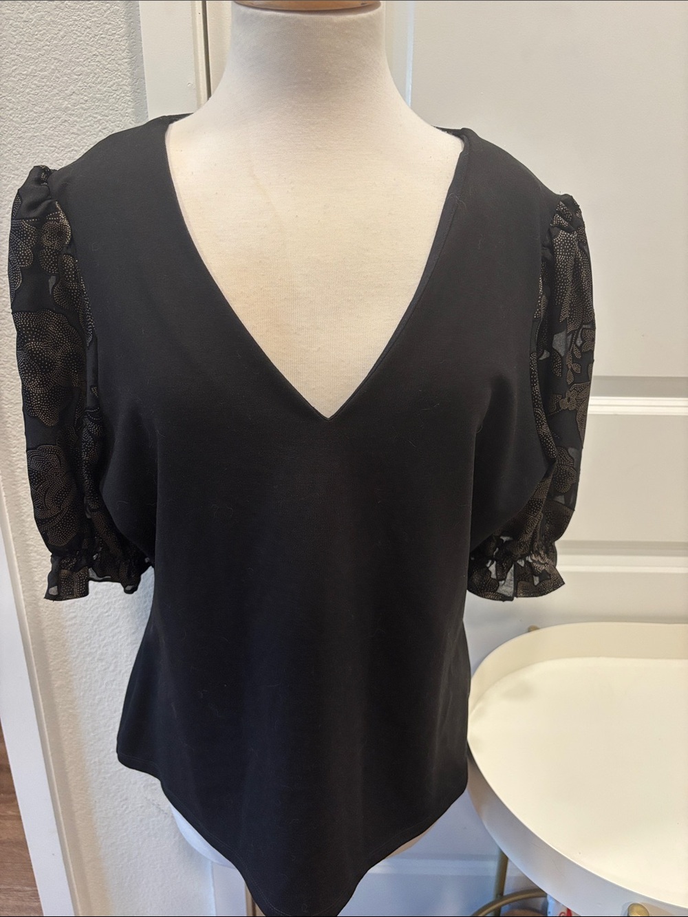 EUC Black V-Neck Blouse with Sheer Gold Floral Puff Sleeves